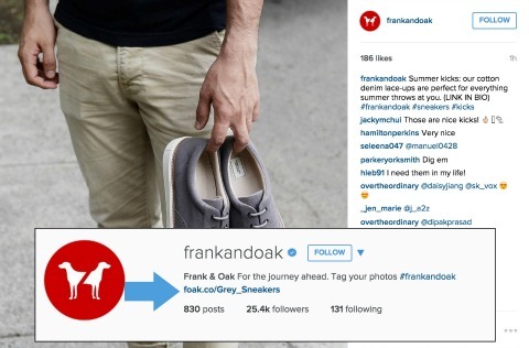 Frank och Oak exempel på att lägga till länkar till din Instagram-bio