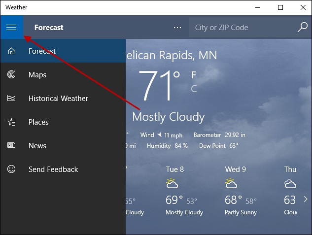 hamburgermeny Windows 10 Weather