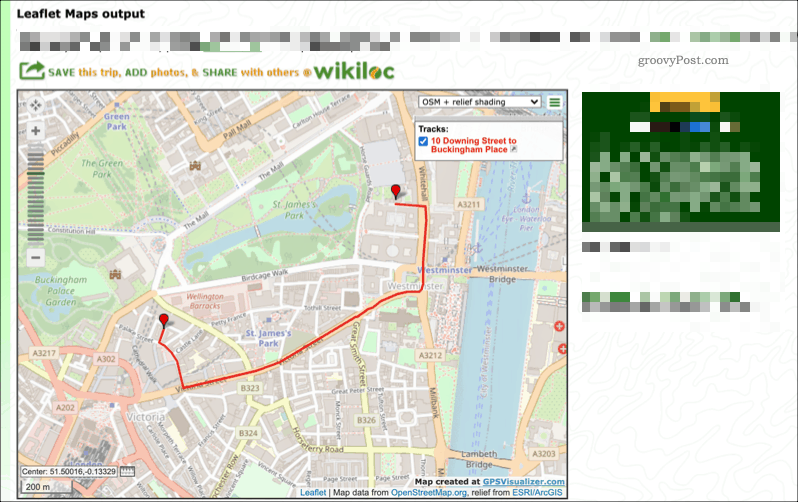 Ett exempel på en karta som skapats med hjälp av GPS Visualizer-tjänsten