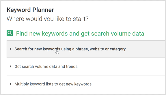 Sökning i Google AdWords Keyword Planner