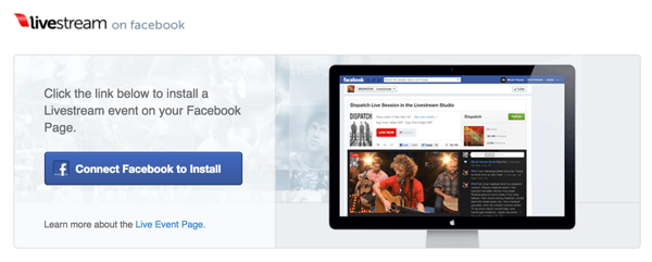 Klicka på knappen Anslut Facebook till installation för att installera Livestream på din Facebook-sida.