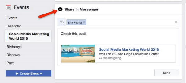 Facebook uppmanar användare att dela en händelse som upptäckts på Facebook med andra Messenger-användare.