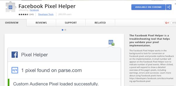 Installera Facebook Pixel Helper för att kontrollera att din spårning fungerar.