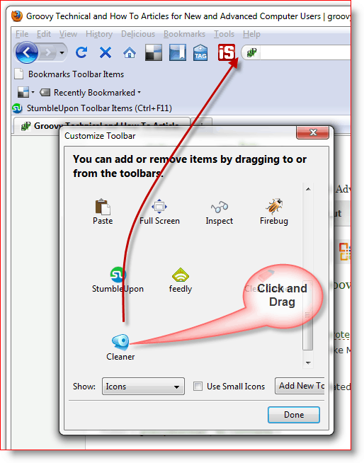 Hur du lägger till tilläggsikonen i Firefox-verktygsfältet genom att dra den