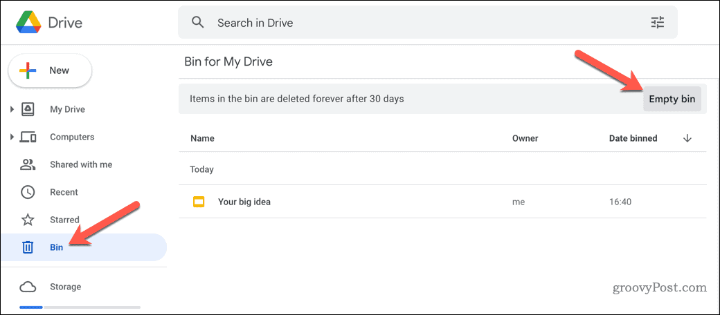 Töm soptunnan i Google Drive