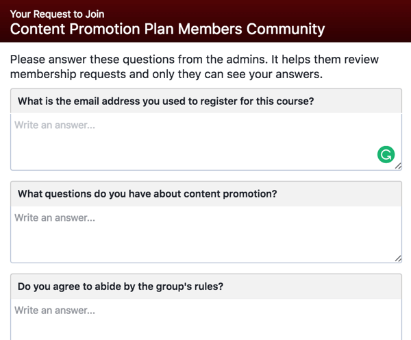 Be potentiella Facebook-gruppmedlemmar svara på kvalificerade frågor.
