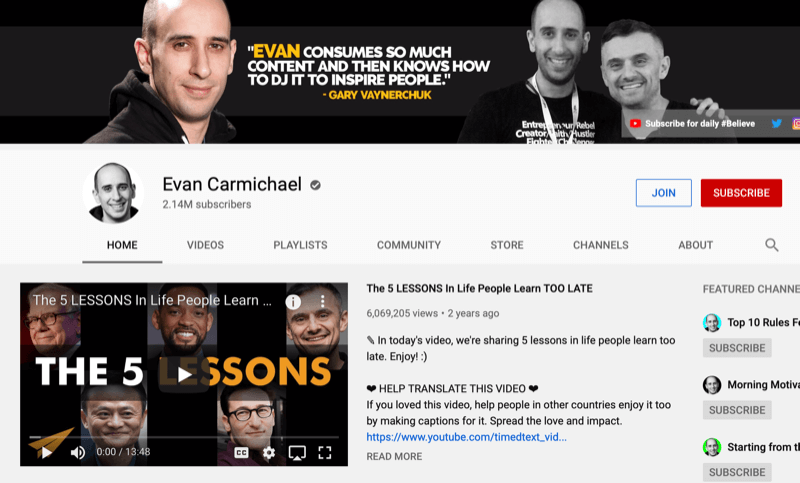 YouTube-kanalsida för Evan Carmichael