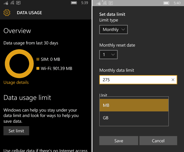 Data Useage Windows 10 Mobile