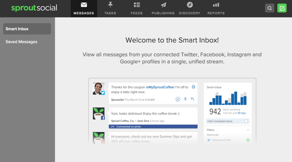 Sprout Social erbjuder en smart inkorg som låter dig visa meddelanden från flera sociala profiler på ett ställe.
