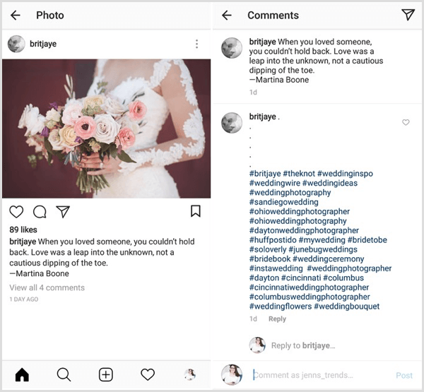 exempel på Instagram-inlägg med en kombination av innehåll, bransch, nisch och varumärke hashtags