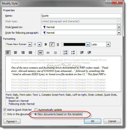 Anpassad stil Kortkommandon Word 2010