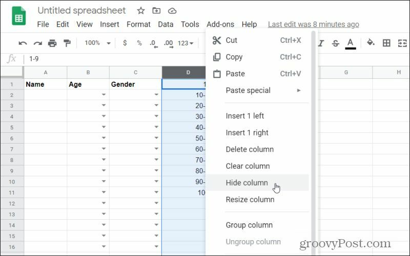 skärmdump av att dölja en kolumn i Google-ark