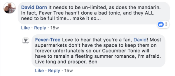 Exempel på ett feberträd som svarar på en kommentar på ett Facebook-inlägg.