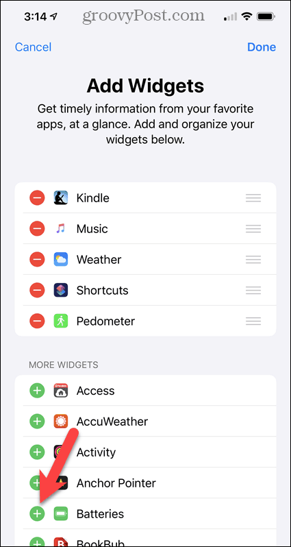 Lägg till batterier-widgeten på skärmen iPhone Widgets