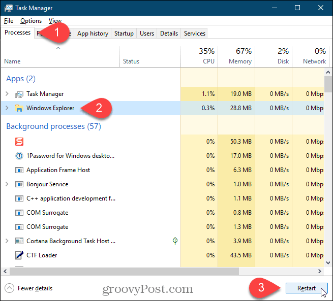 Välj Windows Explorer-processen och klicka på Starta om i Windows 10