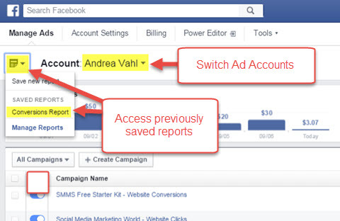 Facebook Ads Manager sparade rapporter