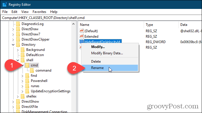 Välj Byt namn för HideBasedOnVelocityId-värdet i Windows Registry Editor
