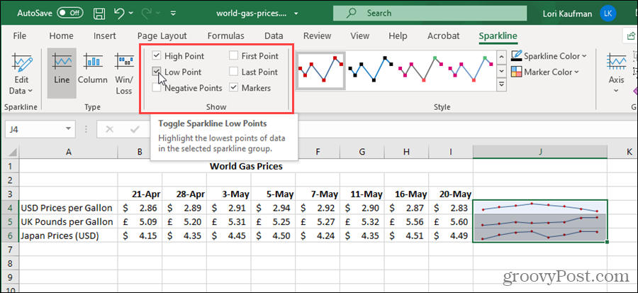 Visa alternativ för Sparklines i Excel