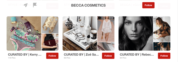 Exempel på gästbrädor på Pinterest kuraterade av influencers för Becca Cosmetics.