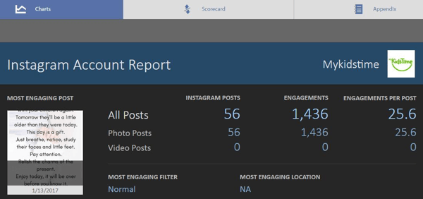 Detta är huvudskärmen i den kostnadsfria, enkelt uppmätta Instagram-rapporten.
