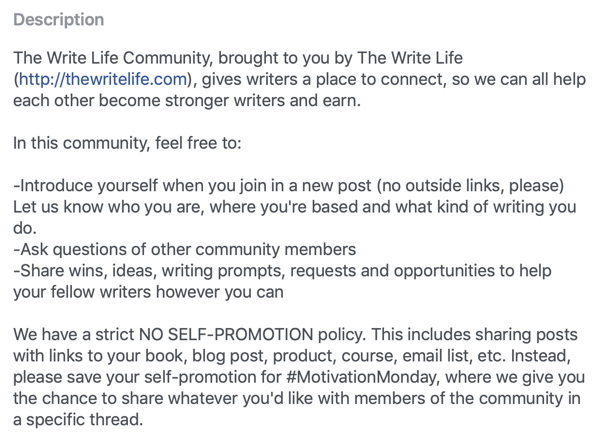 Hur du förbättrar din Facebook-gruppgemenskap, exempel på Facebook-gruppbeskrivning och regler från The Write Life Community