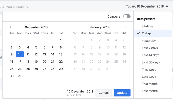 Alternativ för att ställa in datumintervall för din inköps- och ROAS Facebook Ads Manager-rapport.