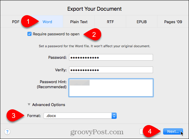 Exportera dokumentdialogrutan i Pages for Mac