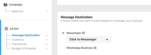 Facebook Click to Messenger-annonser, steg 1.