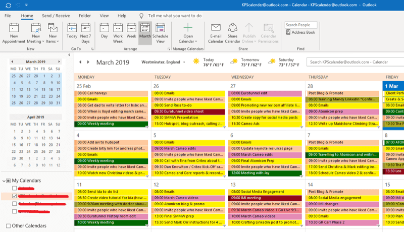 Strategi för marknadsföring av sociala medier; Skärmdump av vår Outlook-kalender för att visa hur vi schemalägger alla implementeringsåtgärder för att säkerställa att det blir gjort.