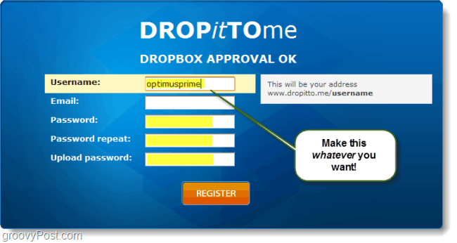 skapa en uppladdningsadress för dropbox