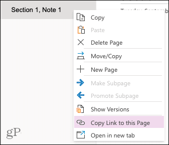 Kopiera en länk till sidan i OneNote för webben