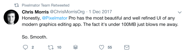 Hur man använder socialt bevis i din marknadsföring, exempelvis social recension av Pixelmator med tagg av @ChrisMorrisOrg