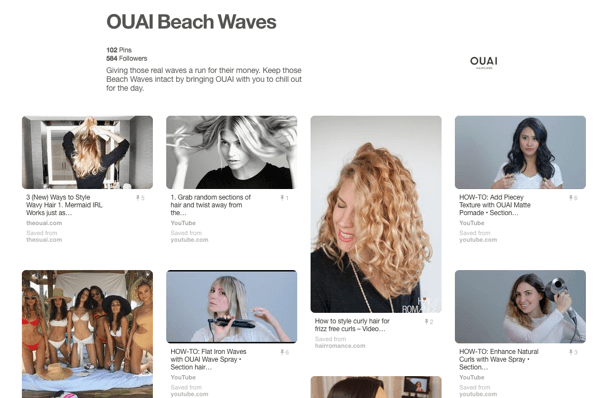 Exempel på ett handledningskort på Pinterest som visar OUAI-produkter.