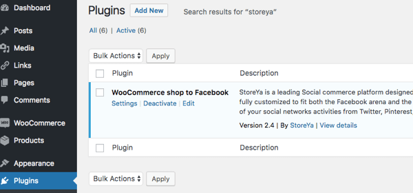 Du vet att plugin är aktiverat när WooCommerce Shop till Facebook visas under Installerade plugins.
