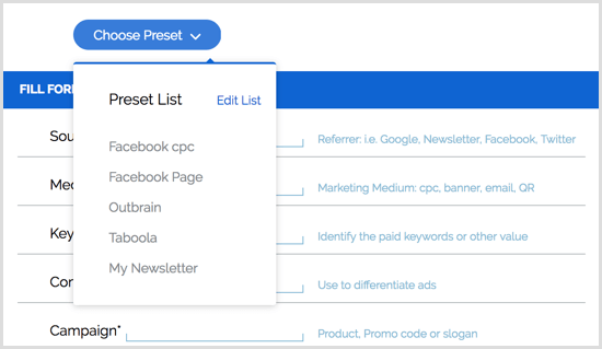 Google URL Builder Chrome förlängningsförinställningar