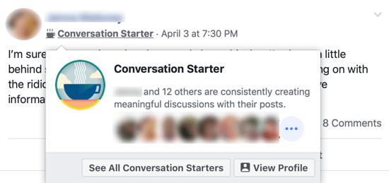 Hur du förbättrar din Facebook-gruppgemenskap, exempel på Facebook-gruppmärket 'Conversation Starter' bredvid gruppmedlemmarnas namn och popup-fönstret som identifierar andra gruppmedlemmar som delar det märket