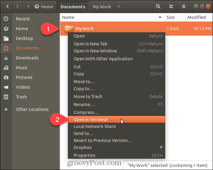 Välj Öppna i terminal i Ubuntu Linux
