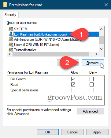Ta bort en användare i dialogrutan Behörigheter i Windows-registret