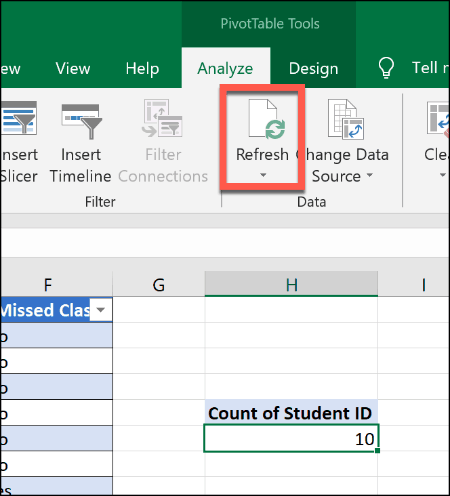 Uppfriskande av en pivottabell i Excel