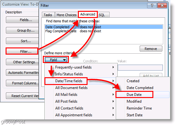 Skärmbild: Outlook 2007 Att göra-fältet Setup Filter