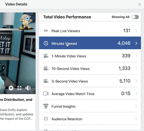 Facebook-diagram exempel på publikens kvarhållande under avsnittet om total videoprestanda