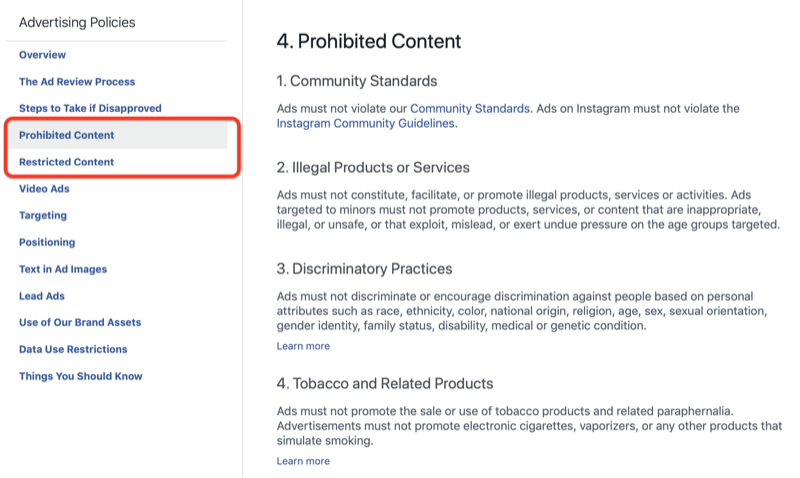 Avsnitt om förbjudet innehåll i Facebooks annonseringspolicy
