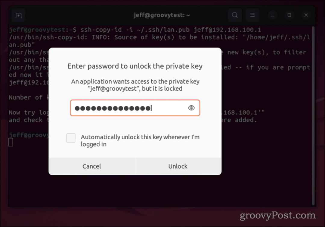 Ubuntu lösenordsdialog för SSH-nyckel