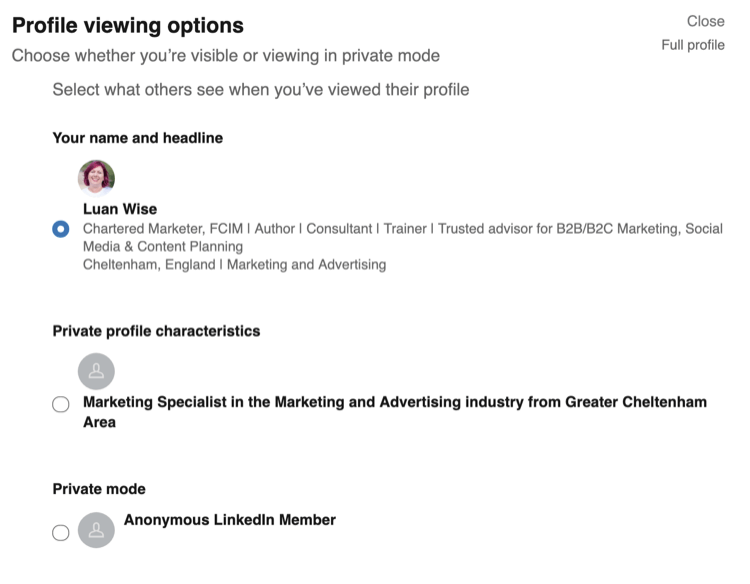 Alternativ för profilvisning i LinkedIn-sekretessinställningar