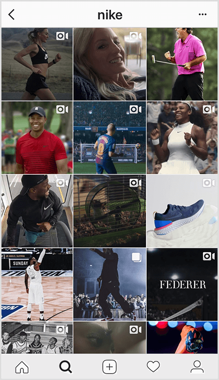 Nike Instagram-inlägg har ett rutnät av idrottare som bär Nike-redskap men få bilder i flödet har text.