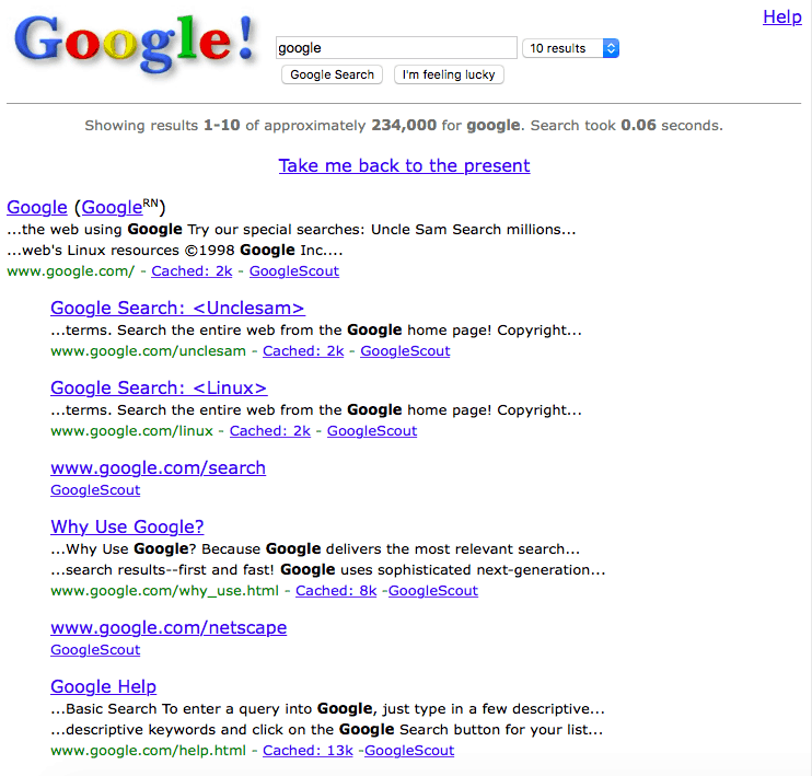 Friday Fun: Gå tillbaka till Web 1.0 av Googling "Google 1998"