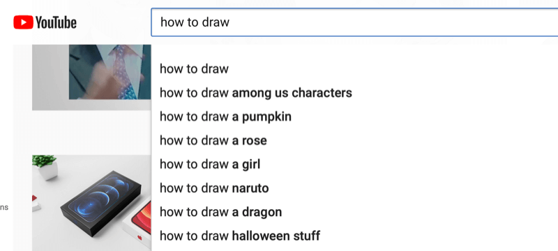 exempel på sökordsforskning på youtube för frasen "hur man ritar"
