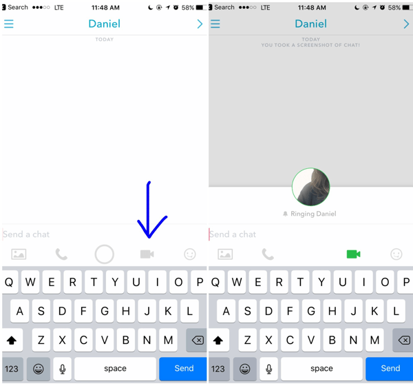 Om du vill ringa ett Snapchat-videosamtal trycker du på videoikonen i din öppna konversation med en kund.