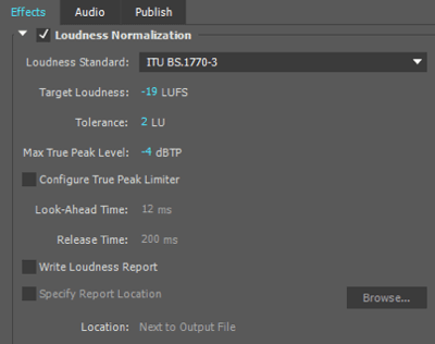 Jag använder dessa inställningar för normalisering av ljudstyrka när jag exporterar min ljudfil till Adobe Premiere.