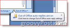 Nedre högra hörnet av Outlook 2007 - Påminnelse om automatiska svar från från kontoret